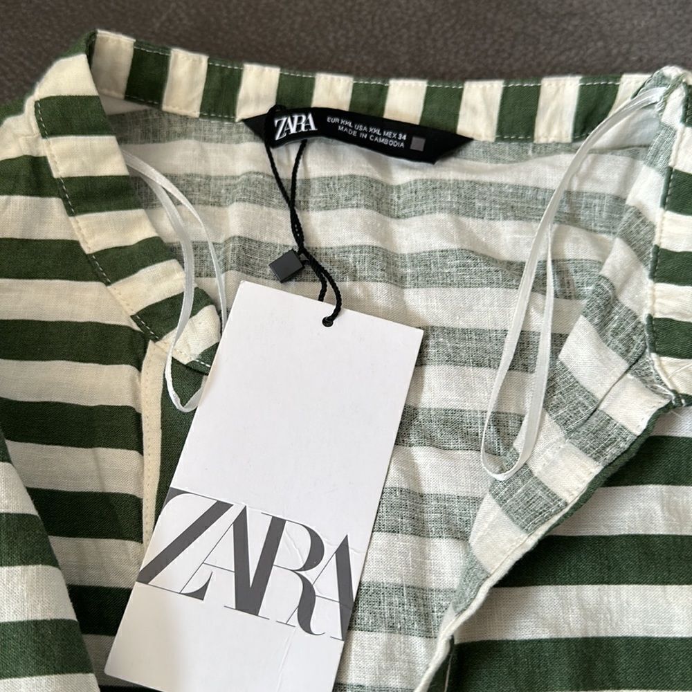 ZARA | Ecru / Khaki | LINEN BLEND TAB SLEEVE SHIRT - Picture 9 of 9